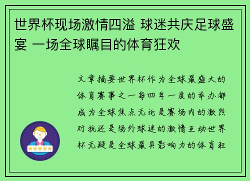 世界杯现场激情四溢 球迷共庆足球盛宴 一场全球瞩目的体育狂欢