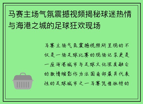 马赛主场气氛震撼视频揭秘球迷热情与海港之城的足球狂欢现场